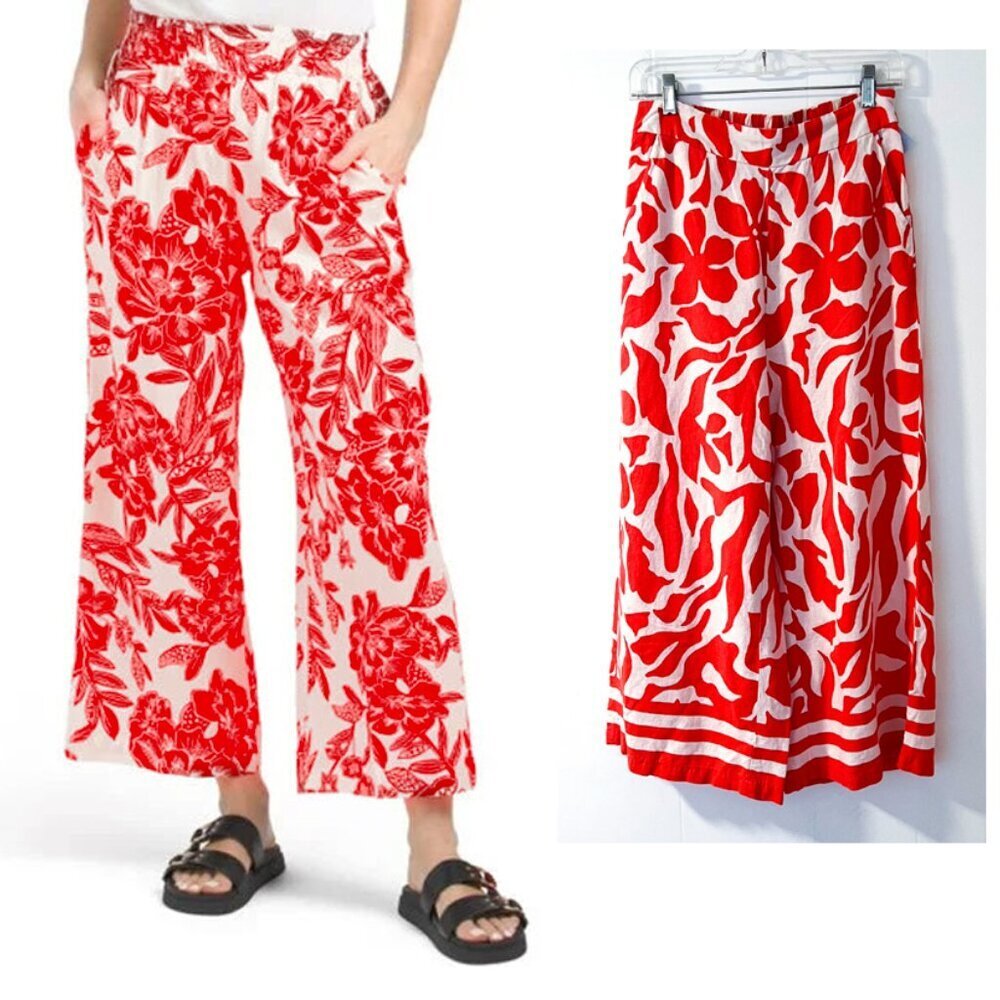 CHRISTIAN SIRIANO NEW YORK Wide Leg Palazzo Linen Cropped Pant Bright Floral